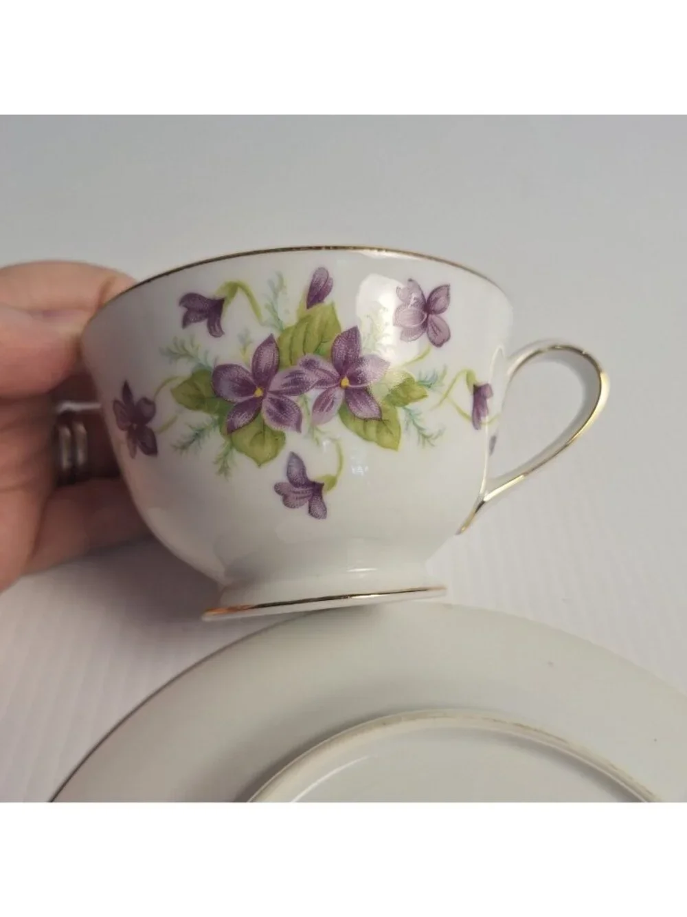 VINTAGE WENTWORTH CHINA JAPAN PURPLE FLORAL GOLD TRIM CUP AND SAUCER SET VIOLA